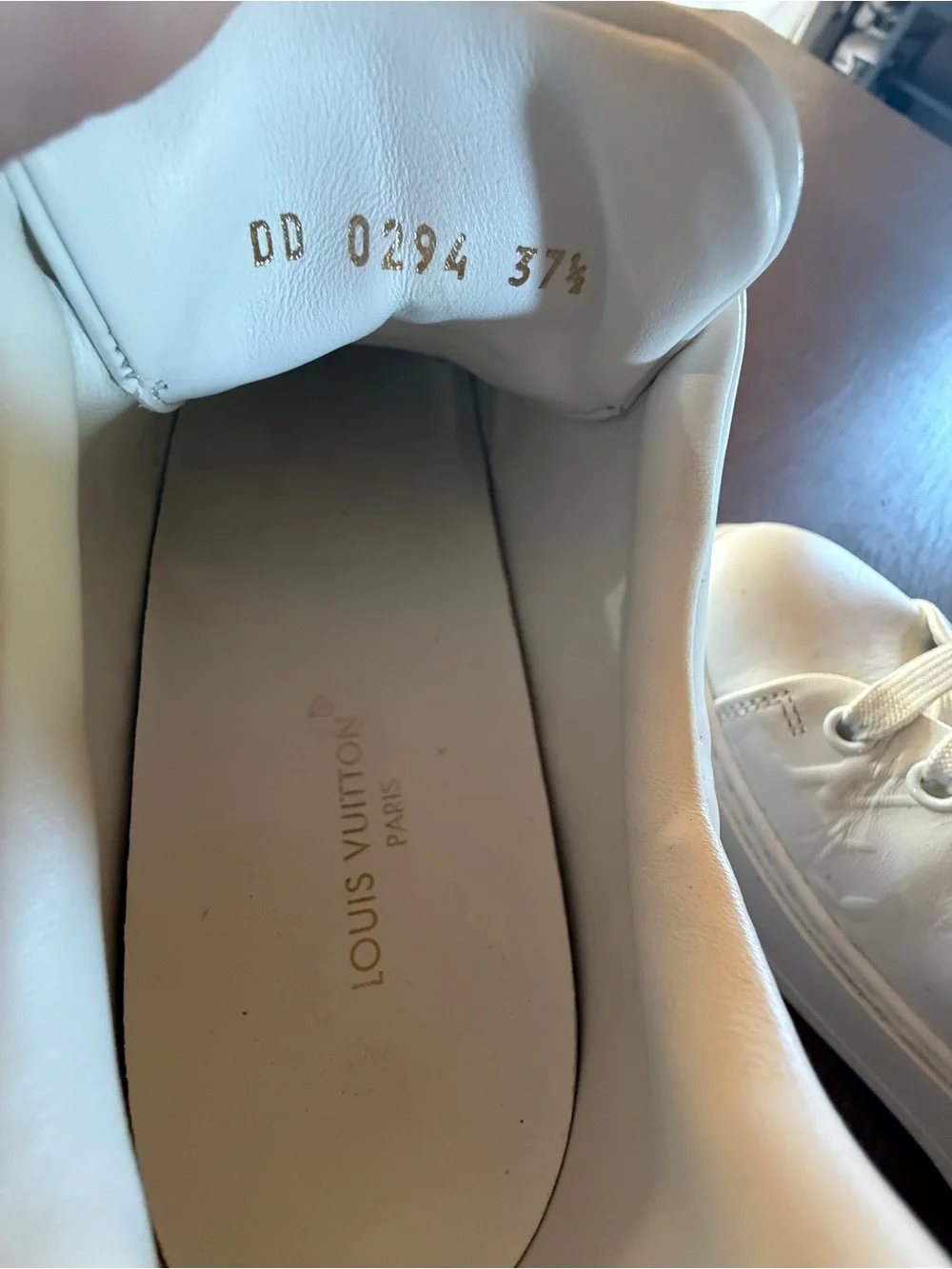 Louis Vuitton White Leather Embossed Monogram Sneakers with Brown Heel